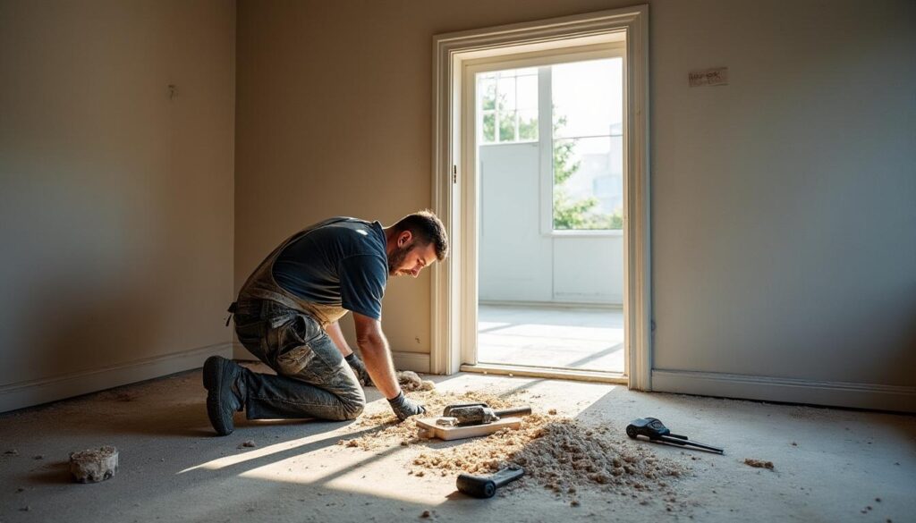 Découpe du plâtre pour encadrement de porte et finition soignée